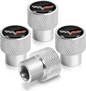 Chevrolet Corvette C6 Logo Black on Shining Silver Aluminum Tire Valve Stem Caps