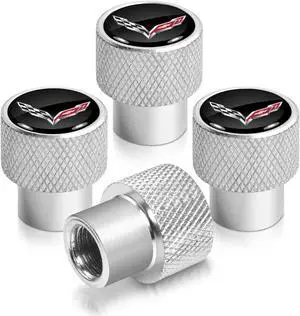 Chevrolet Corvette C7 Logo Black on Shining Silver Aluminum Tire Valve Stem Caps