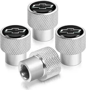 Chevrolet Black Logo in Black on Shining Silver Aluminum Tire Valve Stem Caps