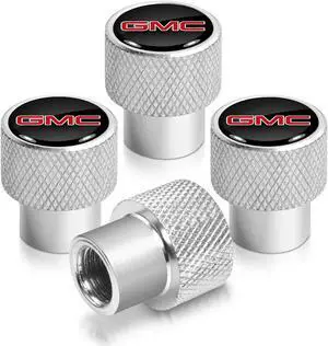 GMC Red Logo in Black on Shining Silver Aluminum Tire Valve Stem Caps