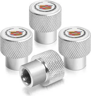 Cadillac Logo in White on Shining Silver Aluminum Tire Valve Stem Caps