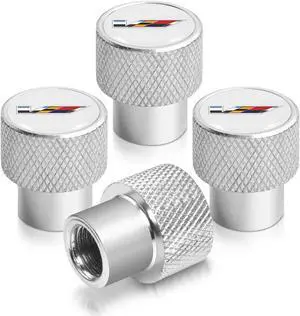 Cadillac V Logo in White on Shining Silver Aluminum Tire Valve Stem Caps