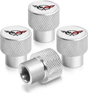 Chevrolet Corvette C5 Logo White on Shining Silver Aluminum Tire Valve Stem Caps