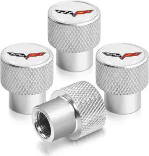 Chevrolet Corvette C6 Logo White on Shining Silver Aluminum Tire Valve Stem Caps