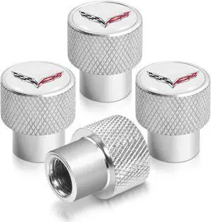 Chevrolet Corvette C7 Logo White on Shining Silver Aluminum Tire Valve Stem Caps
