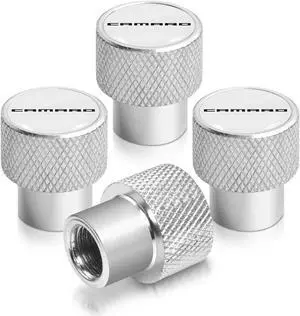 Chevrolet Camaro in White on Shining Silver Aluminum Tire Valve Stem Caps