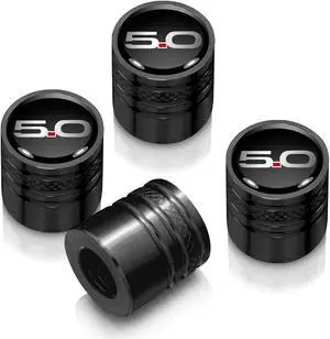 Ford Mustang 5.0 in Black on Black Aluminum Cylinder-Style Tire Valve Stem Caps