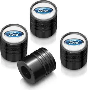 Ford Logo in White on Black Aluminum Cylinder-Style Tire Valve Stem Caps