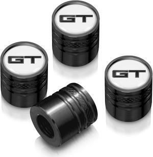 Ford Mustang GT in White on Black Aluminum Cylinder-Style Tire Valve Stem Caps