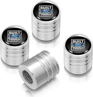 Ford Built-Ford-Tough Black on Silver Aluminum Cylinder-Style Tire Valve Stem Caps