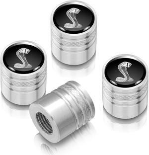 Ford Mustang Cobra Black on Silver Aluminum Cylinder-Style Tire Valve Stem Caps