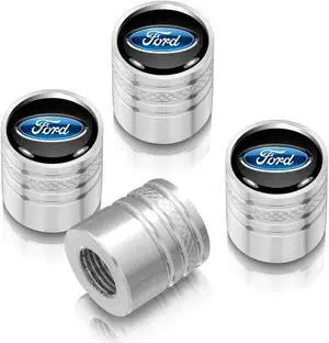 Ford Logo in Black on Silver Chrome Aluminum Cylinder-Style Tire Valve Stem Caps