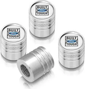 Ford Built-Ford-Tough White on Silver Aluminum Cylinder-Style Tire Valve Stem Caps