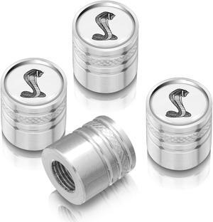 Ford Mustang Cobra White on Silver Aluminum Cylinder-Style Tire Valve Stem Caps