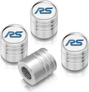 Ford Focus RS White on Silver Aluminum Cylinder-Style Tire Valve Stem Caps