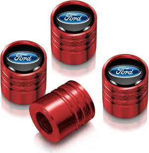 Ford Logo in Black on Red Aluminum Cylinder-Style Tire Valve Stem Caps