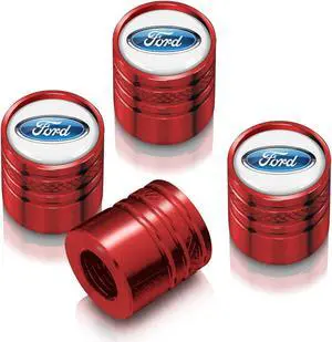 Ford Logo in White on Red Aluminum Cylinder-Style Tire Valve Stem Caps