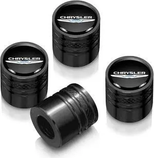 Chrysler Logo in Black on Black Aluminum Cylinder-Style Tire Valve Stem Caps