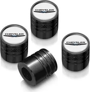 Chrysler Logo in White on Black Aluminum Cylinder-Style Tire Valve Stem Caps