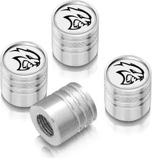 Dodge SRT Hellcat White on Silver Aluminum Cylinder-Style Tire Valve Stem Caps