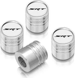 Dodge Jeep SRT Logo White on Silver Aluminum Cylinder-Style Tire Valve Stem Caps
