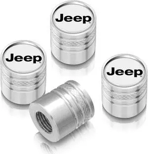 Jeep in White on Shining Silver Aluminum Cylinder-Style Tire Valve Stem Caps