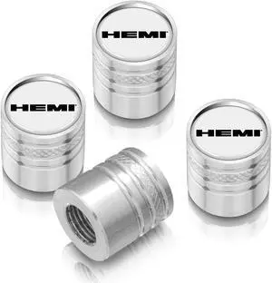 HEMI Logo White on Silver Aluminum Cylinder-Style Tire Valve Stem Caps