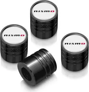 Nissan NISMO in White on Black Aluminum Cylinder-Style Tire Valve Stem Caps