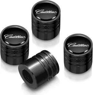 Cadillac Script Nameplate in Black on Black Aluminum Cylinder-Style Tire Valve Stem Caps