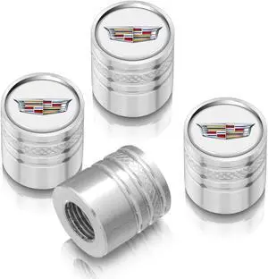 Cadillac Crest Logo in White on Shining Silver Aluminum Cylinder-Style Tire Valve Stem Caps
