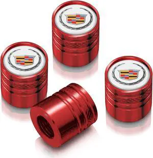 Cadillac Logo in White on Red Aluminum Cylinder-Style Tire Valve Stem Caps