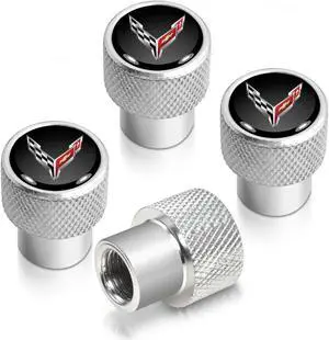 Chevrolet Corvette C8 Logo in Black on Shining Silver Aluminum Tire Valve Stem Caps