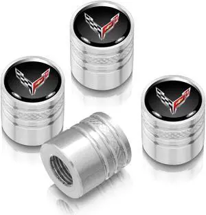 Chevrolet Corvette C8 Logo in Black on Shining Silver Aluminum Cylinder-Style Tire Valve Stem Caps