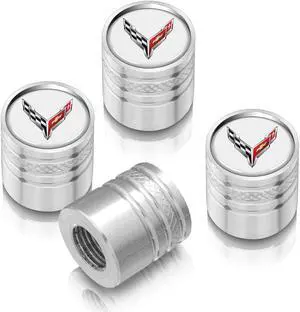 Chevrolet Corvette C8 Logo in White on Shining Silver Aluminum Cylinder-Style Tire Valve Stem Caps