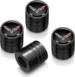 Chevrolet Corvette C7 Logo in Black on Black Aluminum Cylinder-Style Tire Valve Stem Caps