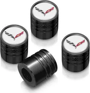 Chevrolet Corvette C7 Logo in White on Black Aluminum Cylinder-Style Tire Valve Stem Caps