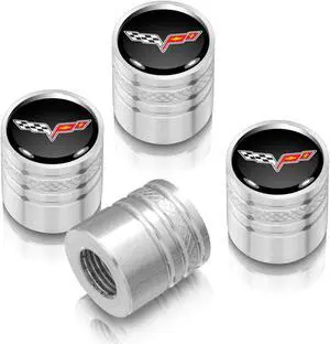 Chevrolet Corvette C6 Logo in Black on Shining Silver Aluminum Cylinder-Style Tire Valve Stem Caps