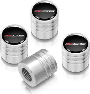 Chevrolet Corvette C7 Z06 Logo in Black on Shining Silver Aluminum Cylinder-Style Tire Valve Stem Caps