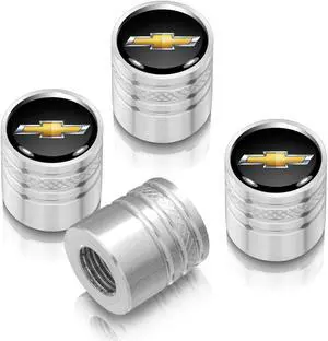 Chevrolet Golden Logo in Black on Shining Silver Aluminum Cylinder-Style Tire Valve Stem Caps