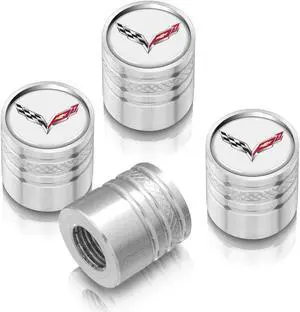 Chevrolet Corvette C7 Logo in White on Shining Silver Aluminum Cylinder-Style Tire Valve Stem Caps
