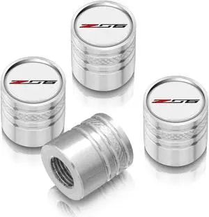 Chevrolet Corvette C7 Z06 Logo in White on Shining Silver Aluminum Cylinder-Style Tire Valve Stem Caps