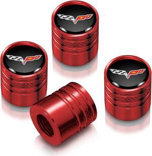 Chevrolet Corvette C6 Logo in Black on Red Aluminum Cylinder-Style Tire Valve Stem Caps