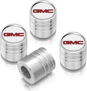 GMC Red Logo in White on Shining Silver Aluminum Cylinder-Style Tire Valve Stem Caps