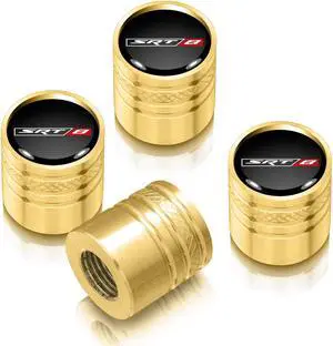 SRT-8 Logo in Black on Golden Aluminum Cylinder-Style Tire Valve Stem Caps for Dodge Jeep RAM