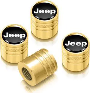 Jeep in Black on Golden Aluminum Cylinder-Style Tire Valve Stem Caps