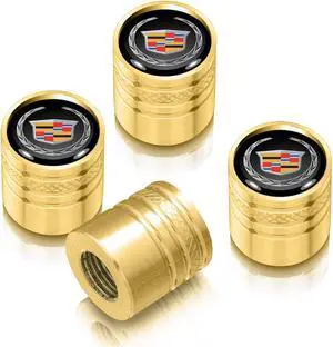 Cadillac Logo in Black on Golden Aluminum Cylinder-Style Tire Valve Stem Caps