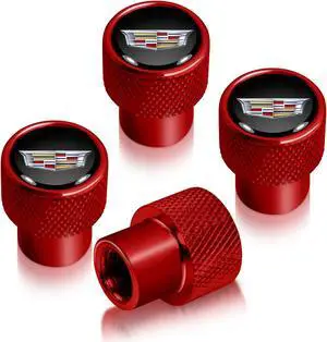 Cadillac Crest Logo in Black on Red Aluminum Tire Valve Stem Caps