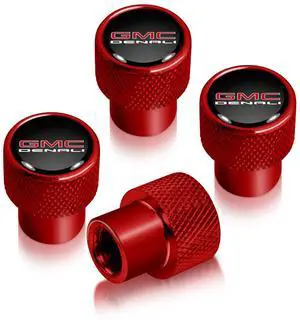 GMC Denali Nameplate in Black on Red Aluminum Tire Valve Stem Caps