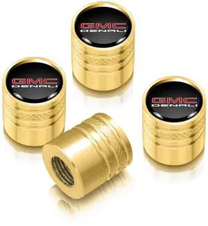 GMC Denali Nameplate in Black on Golden Aluminum Cylinder-Style Tire Valve Stem Caps