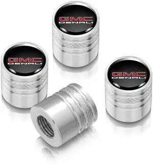GMC Denali Nameplate in Black on Shining Silver Aluminum Cylinder-Style Tire Valve Stem Caps
